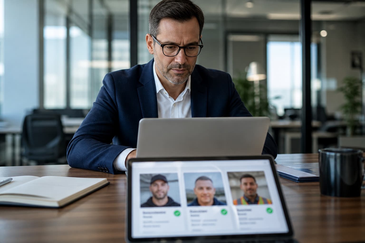 Executivo usando JobYarder para revisar profissionais verificados