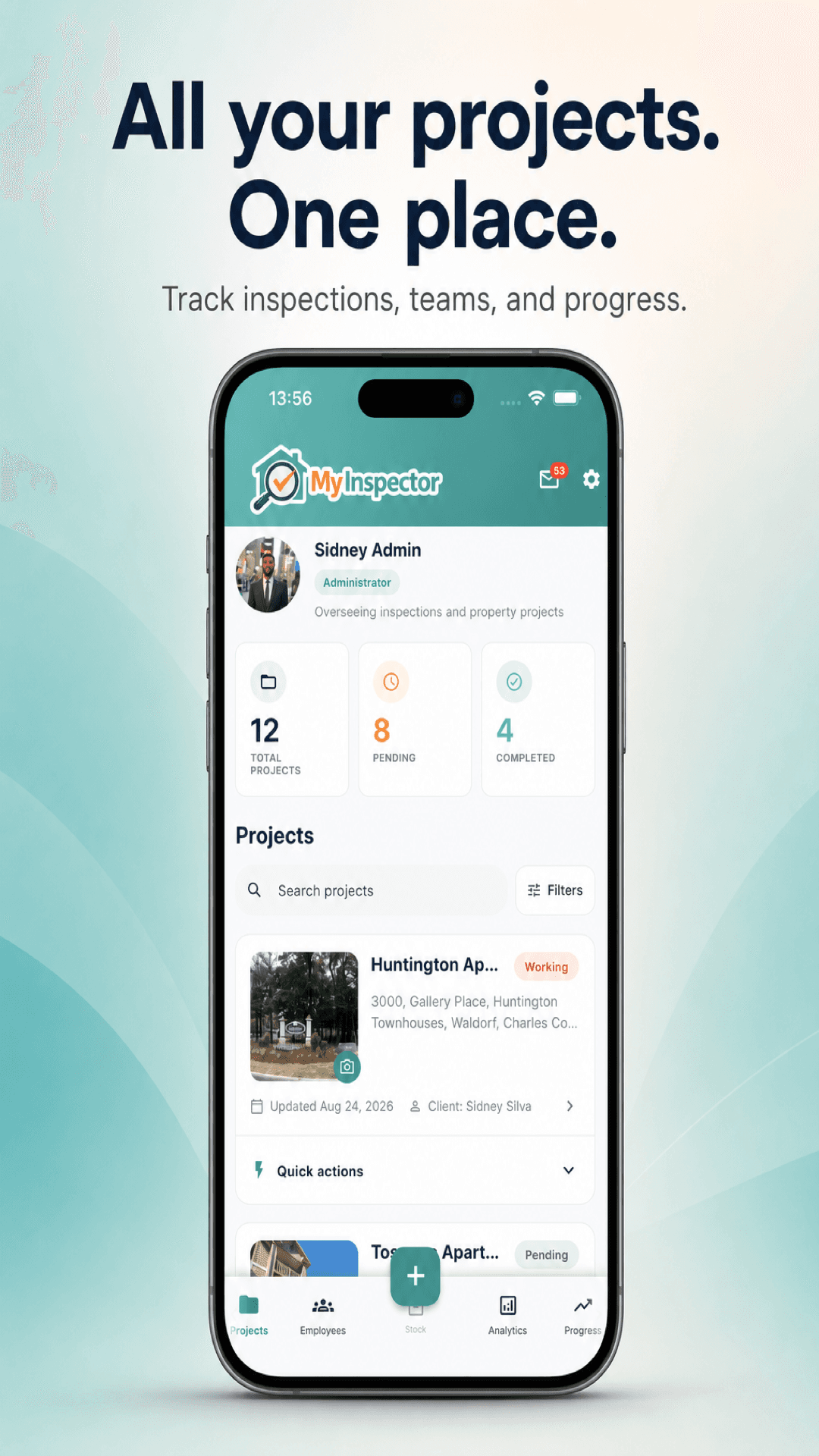 Print do MyInspector — lista de projetos e times